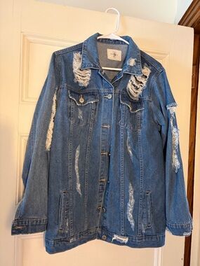 Distressed Blue Denim Jacket - Women's Oversized Jean Coat
